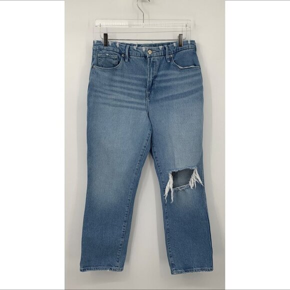 Good American curve cropped straight leg jeans distressed knee fraying 31 12 - Picture 1 of 7